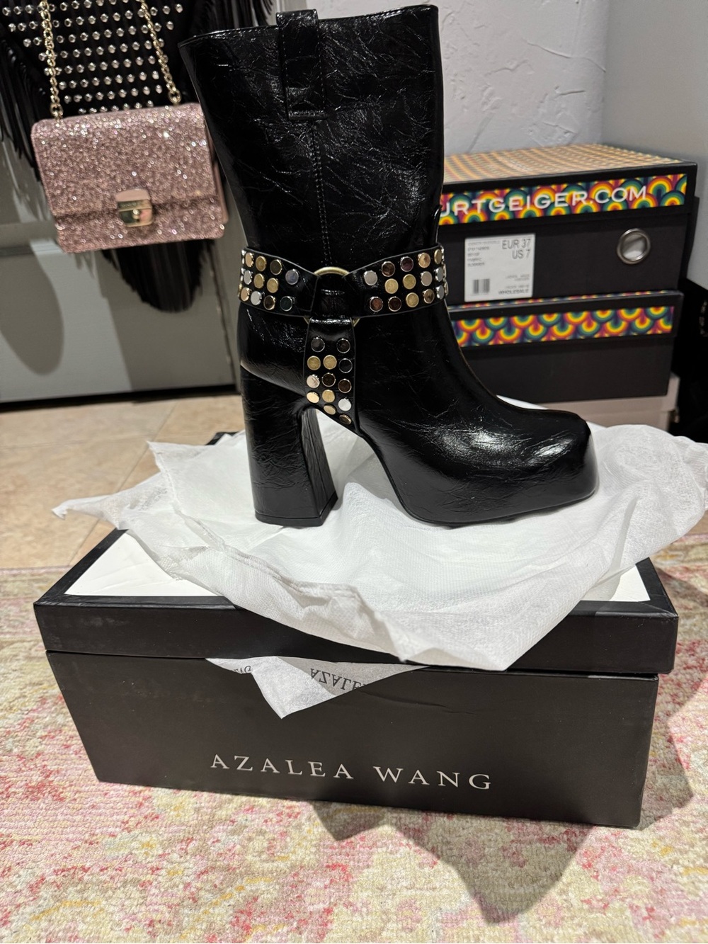Azalea Wang Black Studded Platform Mid-Calf Boot